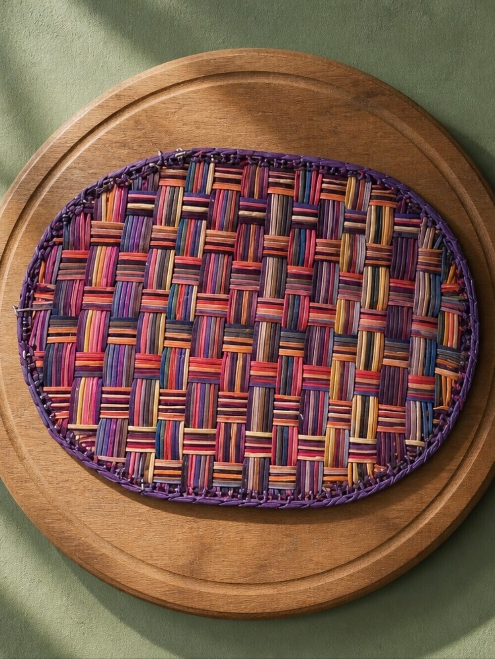 Rare Vintage Boho Rattan Multicolor Woven Oval Placemats One Size 5pcs